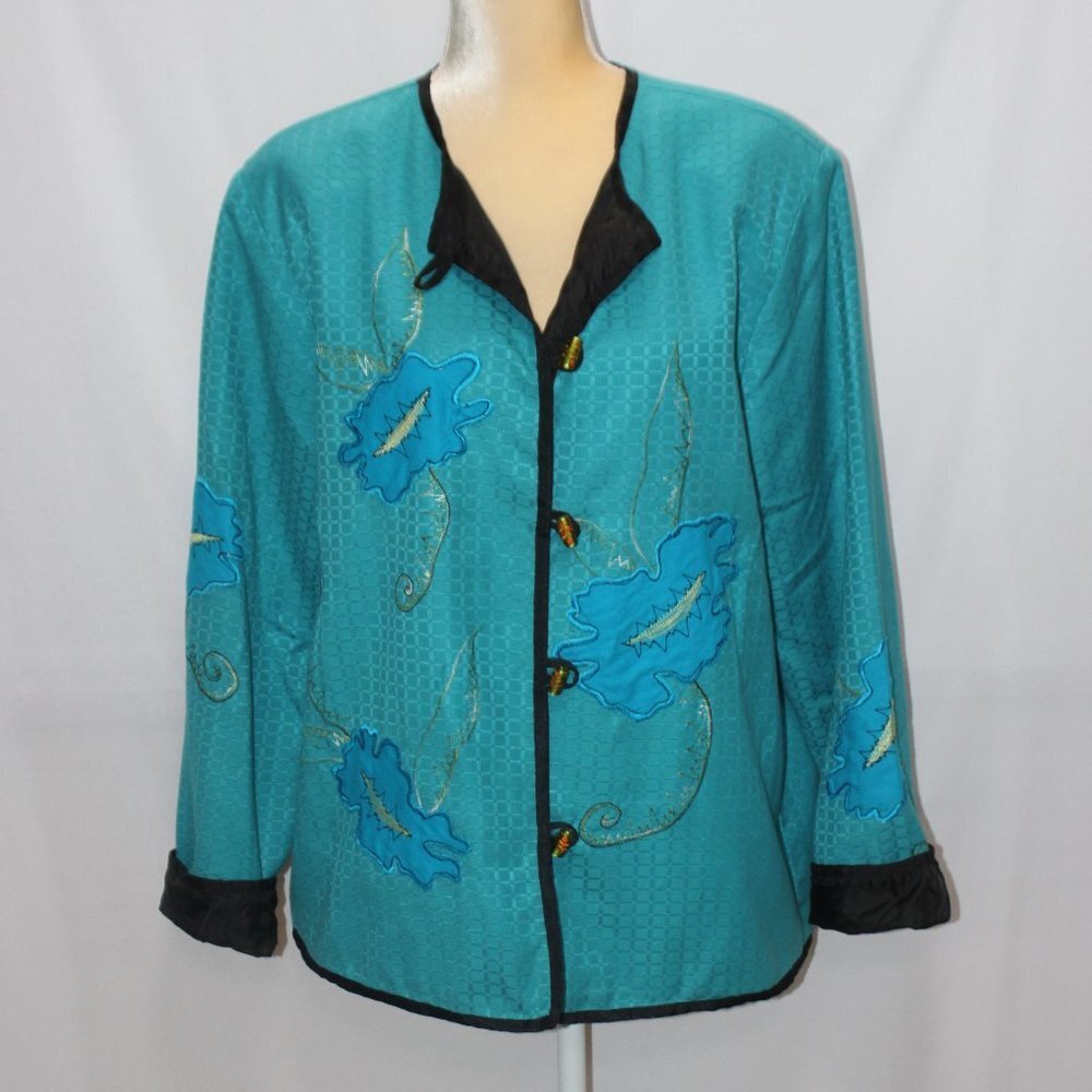 Alex Kim Embroidered Turquoise Flower Appliqué Mandarin Jacket